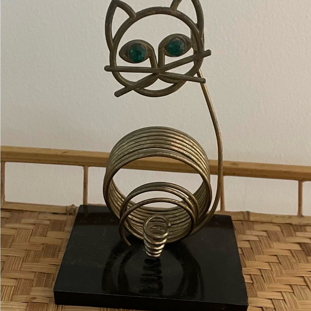 Mid Century Modern Vintage Brass Cat Coil Letter/ Pen Holder - Green Accent Eyes